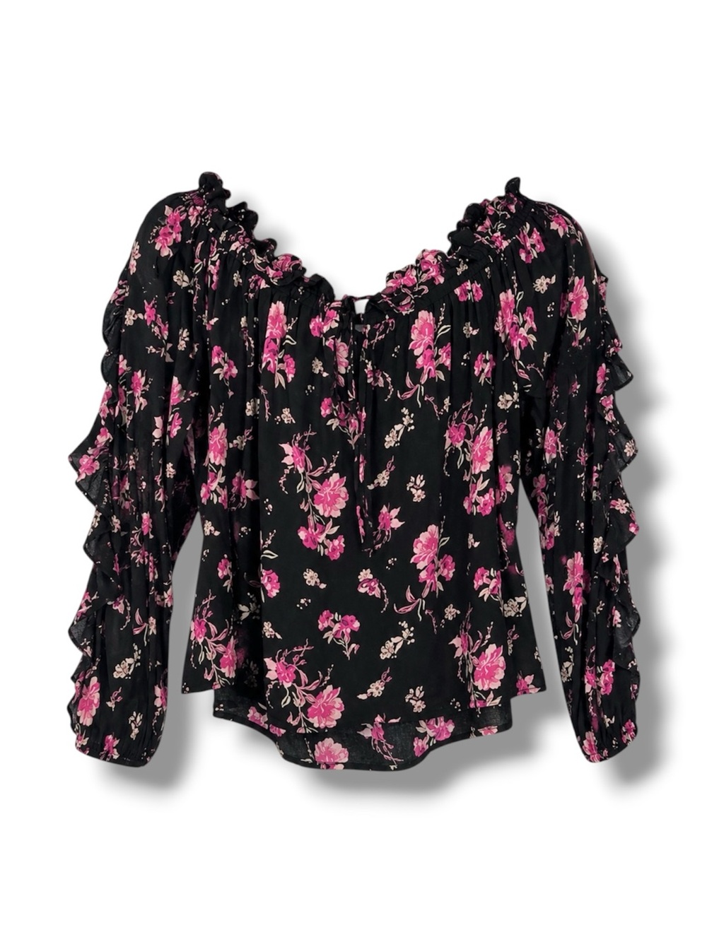 BP Off Shoulder Floral Ruffle Long Sleeve Black Pink Boho Blouse Small